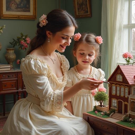 A painterly image with broad brushstrokes displays a beautiful woman and her daughter in fine Victorian attire. They admire an intricate Victorian dollhouse. Flora and antique Victorian furniture enrich the background. The scene emanates a vintage charm with natural light. Their smiling faces radiate a moment filled with nostalgia and happiness.