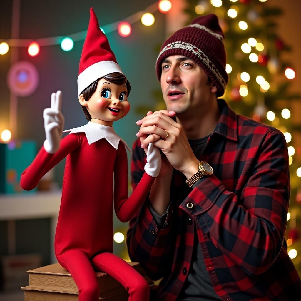 Elf character poses playfully with a person. Background features a festive holiday setting with lights. The scene conveys a joyful interaction.