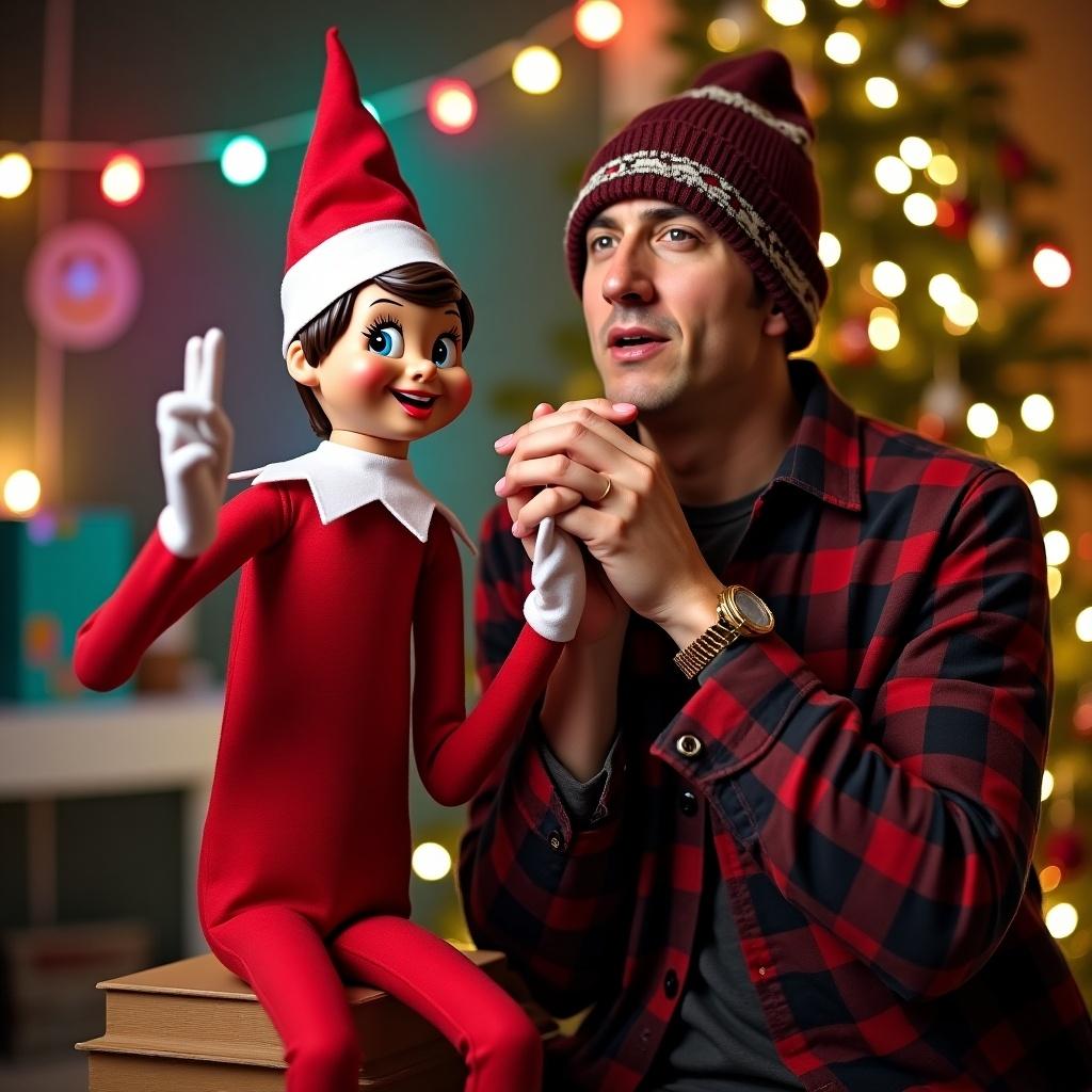 Elf character poses playfully with a person. Background features a festive holiday setting with lights. The scene conveys a joyful interaction.