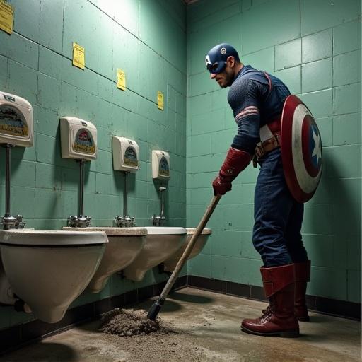 Captain America dressed in costume humorously cleaning a dirty public toilet with a mop in a restroom.