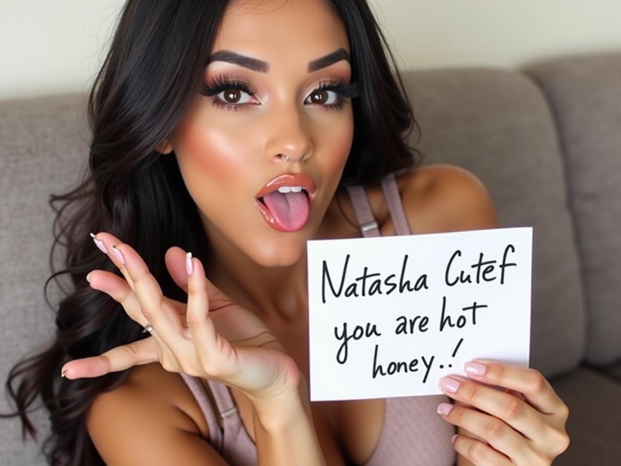 A young woman poses for a selfie on a couch, playfully sticking her tongue out while making a playful gesture with her hand. She has long, dark hair, bold eyebrows, and glamorous makeup that accentuates her features. In her other hand, she holds a piece of white paper with the phrase 'Natasha Cutef you are hot honey!' written in black-grey slim handwritten style. The background is soft and neutral, bringing focus to her expression and the note.