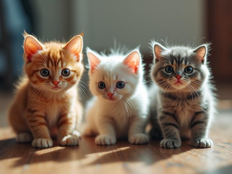 Three kittens sitting together. One orange kitten, one white kitten, one grey striped kitten. All look funny and cute. Warm lighting and wooden floor.