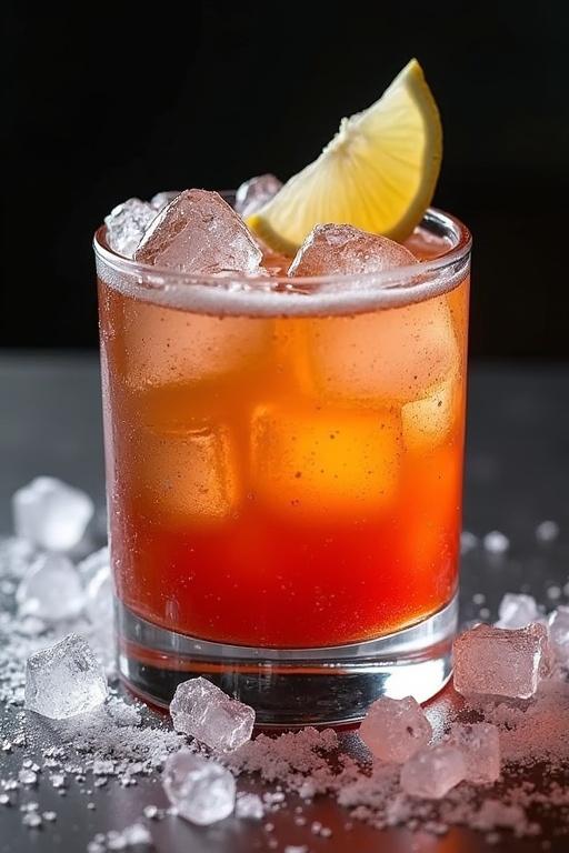 Close-up of a cocktail with ice and a lemon slice on top. The drink is in a glass with ice cubes surrounding it on a dark background.