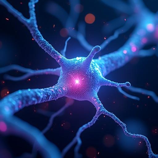 Close-up view of a glowing neuron emitting electric blue and purple light. Surrounded by faint neural connections set against a dark cosmic background. Futuristic style with vibrant colors in 4K resolution.