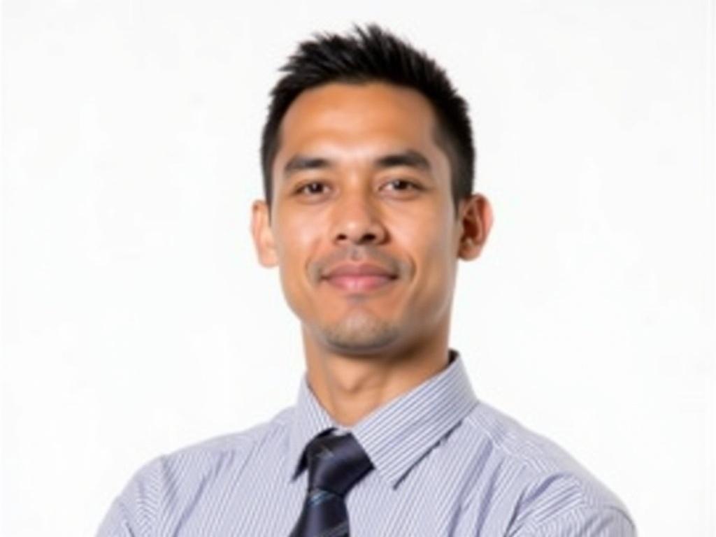 The image features a male subject with short black hair and a fair skin tone. He is wearing a formal striped shirt with a tie, displaying a neutral expression. The background is plain white, allowing the focus to be on the subject's face and upper body. The lighting is even and bright, highlighting the subject's features in a professional manner.