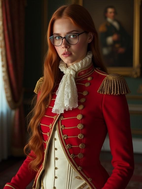 Young woman in a detailed Napoleonic British military uniform. The room is dark with fine carpets and portraits. She has long dark orange hair and wears glasses. Her uniform covers her completely including intricate details and epaulettes. Soft lighting enhances the historical setting.