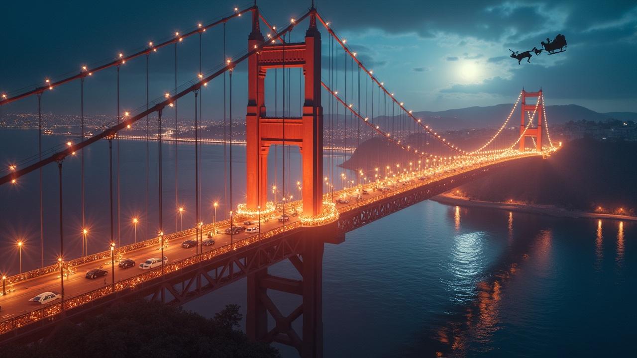 Aerial view of Santa flying on a sleigh over a bridge. The scene features magical sparkles and BIM models of city landmarks. Ultrarealistic style with cinematic quality.