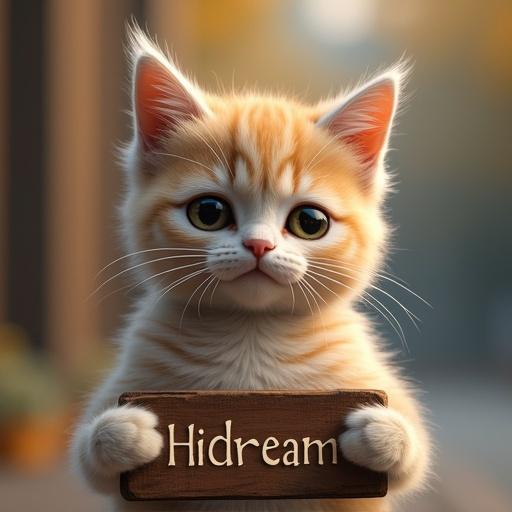 A cat holding a sign that says HiDream.ai. The scene is warm and inviting. The cat has a focus on its paws clutching the sign. The background features soft, blurred elements to enhance the main subject.