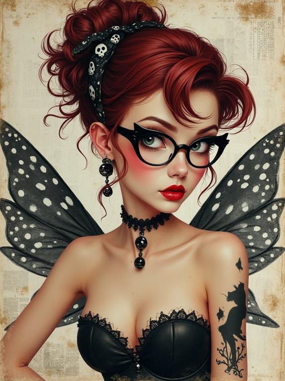 Image depicts fairy styled in rockabilly pin-up fashion. The character has maroon hair in an updo and wears cat-eye glasses. Bold red lips and a black cat tattoo are featured prominently. The fairy has striking polka dot wings. She is adorned with a black choker and skull motif accents. Mixed media techniques are used in the artwork for unique texture appeal.