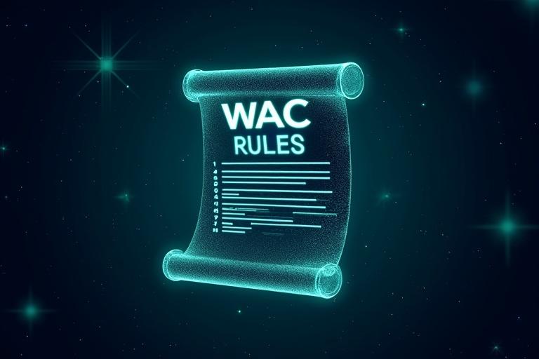 Dark blue starry backdrop with a futuristic digital scroll in the center. Scroll is semi-transparent and unrolling. Title displays WAC Rules. Twelve glowing white lines are etched onto the scroll. Subtle green and blue light effects surround the scroll. Symbolizes technology and innovation.