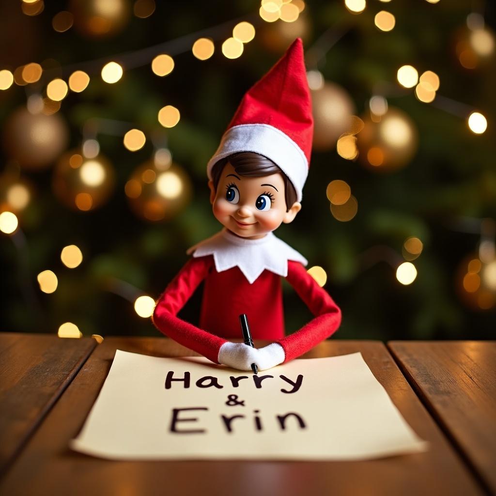 An Elf on the Shelf character with a cheerful expression sits at a wooden table. The elf is dressed in a red suit with a white collar. In front of the elf is a piece of parchment with the names "Harry" and "Erin" written on it. The setting is decorated with golden ornaments and string lights, creating a warm atmosphere. The elf holds a writing wand, adding a magical touch.