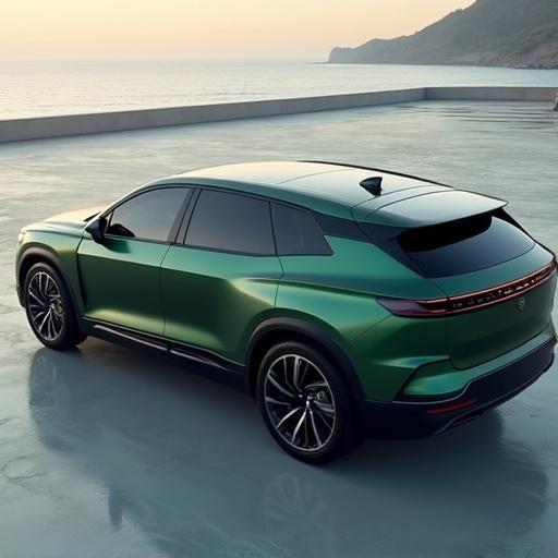 Image shows the exterior of the 2025 Lumen Vista SUV. The car has a deep green matte finish. It features a panoramic skyview glass roof and hidden rear door handles. The design includes subtle aero fenders to reduce wind noise. The setting is near a seaside at sunset.