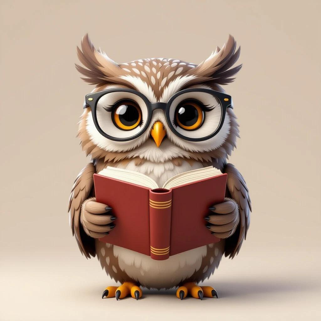 Illustration of an owl wearing glasses. Owl is holding a red book. The background is a light beige color. The emphasis is on the owl character.