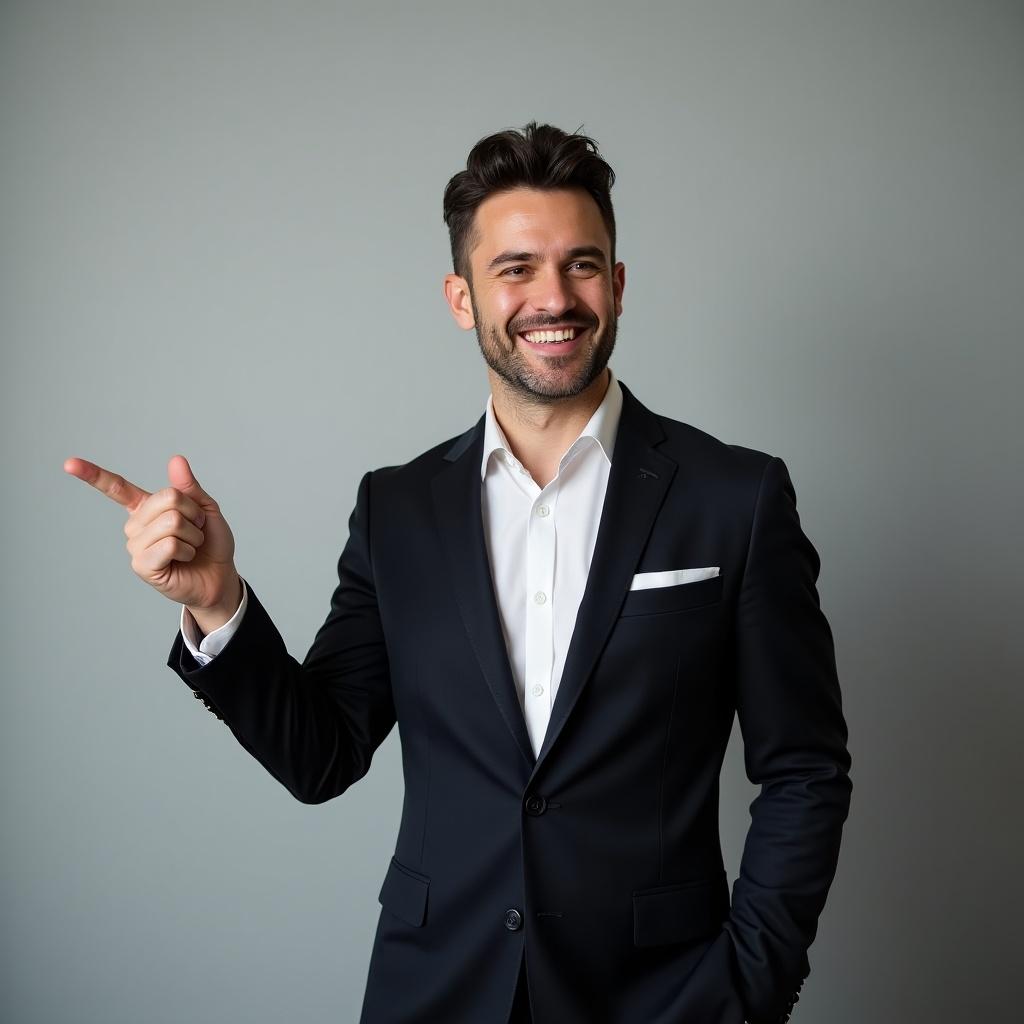 This image features a well-dressed man in a dark suit, exuding confidence. He is pointing to his left with a friendly smile and a welcoming demeanor. The setting has a neutral gray background, highlighting his professional appearance. His hair is neatly groomed, complementing his sharp look. This image conveys professionalism, charisma, and approachability, making it ideal for business-related content.