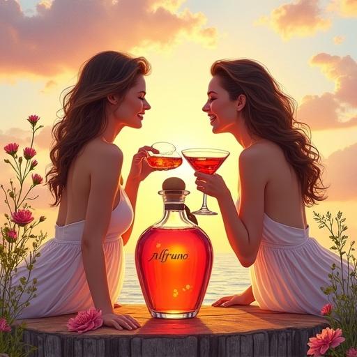 Minimalist art featuring silhouettes of three beautiful women with hourglass figures enjoying cocktails. The scene includes an apothecary-style bottle labeled 'ALFRUNO' glowing on rustic wood. Background shows a sunset in a luxury garden with flowers. Light silky dresses flow in the wind. Relaxing atmosphere of indulgence.