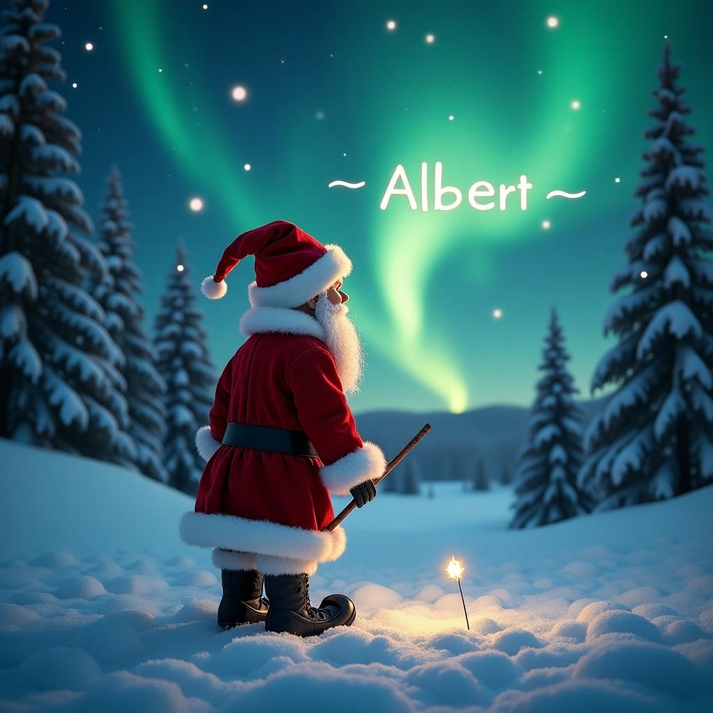 A magical Christmas scene. An elf stands with back to viewer. Elf faces the sky. Elf uses a wand to write a name in the snow. Northern lights illuminate the background. Appearance of Santa Claus. The name Albert is featured.