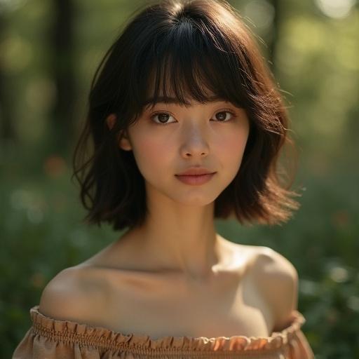 Portrait of a young woman in an off-shoulder dress. Features short dark brown hair with bangs. She has a fair complexion and delicate facial features. Background depicts a forest with soft natural lighting and dappled sunlight. Dreamlike atmosphere created in the image.