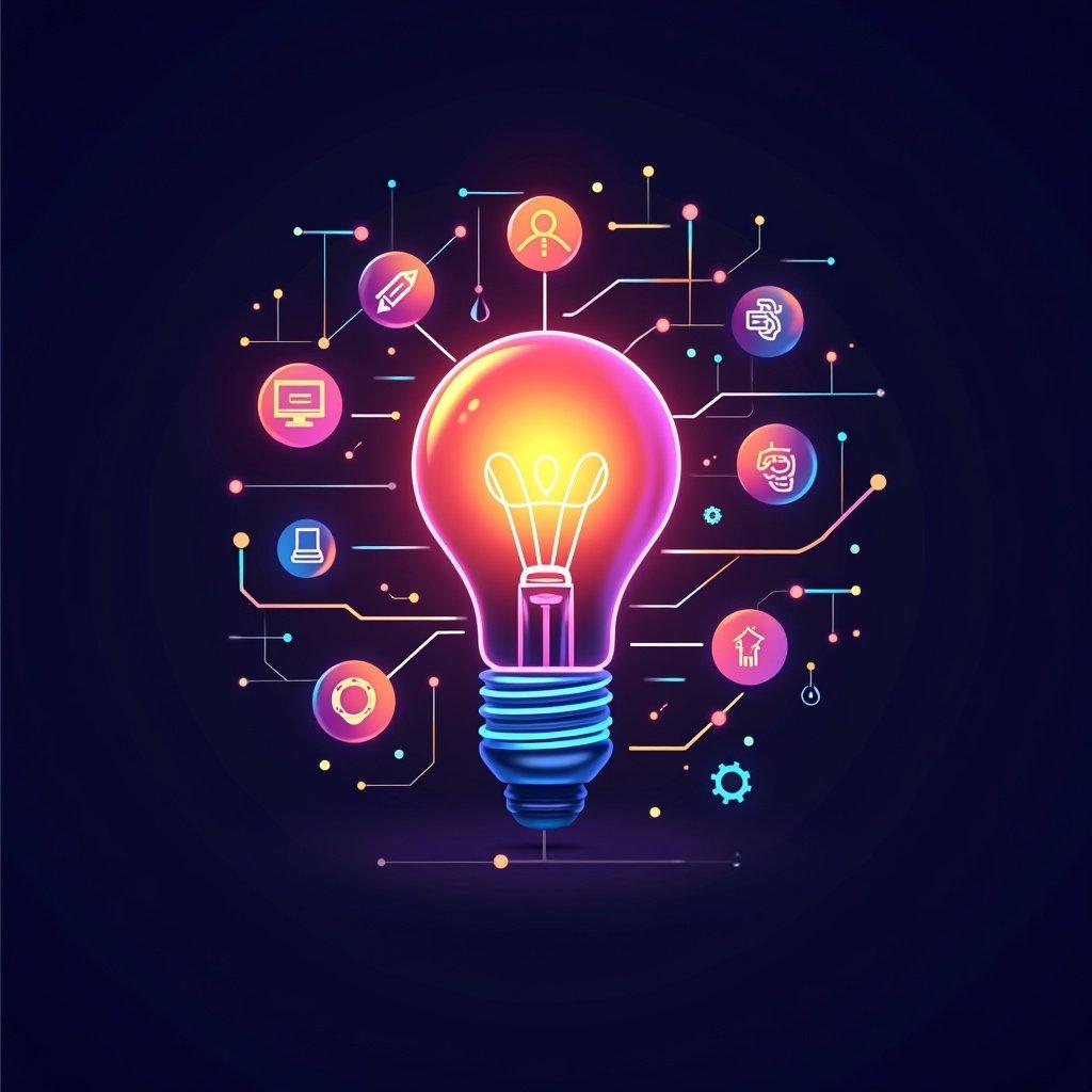 Illustration of digital branding. Glowing light bulb at the center symbolizes ideas and innovation. Surrounding light bulb are various digital icons, representing a network of connectivity. Vibrant, neon colors reflect a modern, tech-inspired design. Symmetrical layout emphasizes creativity and interconnectedness. Design modern logo for digital application ecosystem.