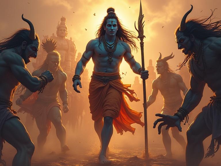 Lord Shiva's son Kartikeya preparing to battle demons. Central figure is a blue-skinned warrior. Background features a fierce landscape. Multiple figures surrounding the main character, showcasing tension and action.