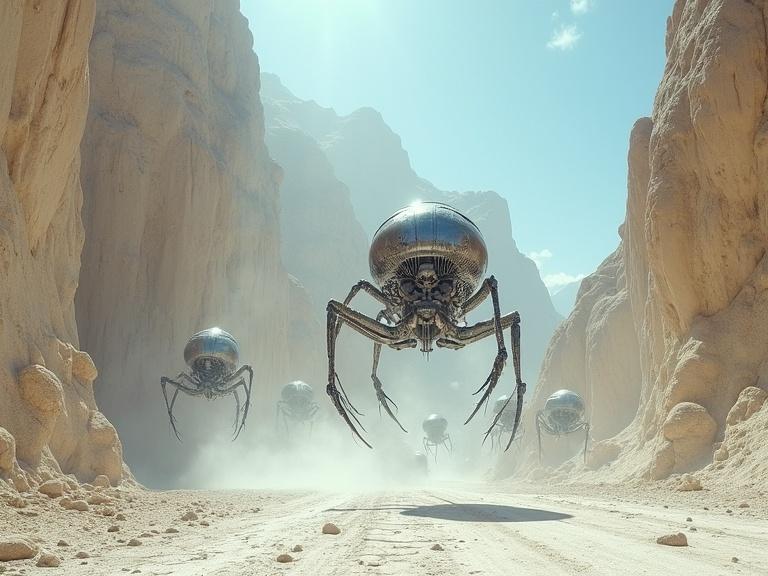 Huge sleek silver metallic biomechanical organic flesh robot bug swarm in a white desert cave tunnel surrounded by tall mountain canyons. Bright sunny day with a blue sky and hard dry cracked ground road. Shadows and fine details in a realistic cinematic style.
