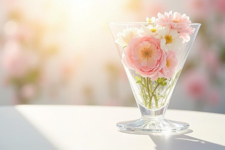 Glamorous spring image featuring a crystal tall triangular glass with flowers. Soft spring background with diffused light. Glass on right side of a white table.