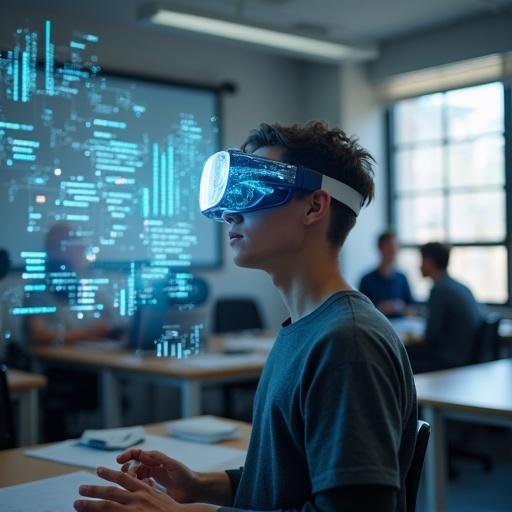 Young man in a modern classroom wearing augmented reality glasses. Interacting with floating holographic lines of code and 3D data visualizations. Atmosphere is collaborative and futuristic.