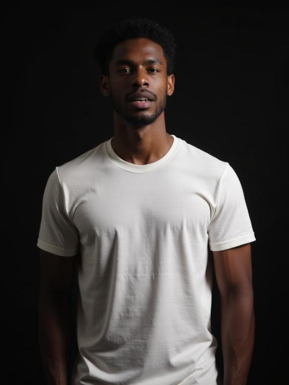 A man wears a white t-shirt in a black studio setting. He stands straight and looks at the camera. Soft lighting accentuates his features against a dark background.
