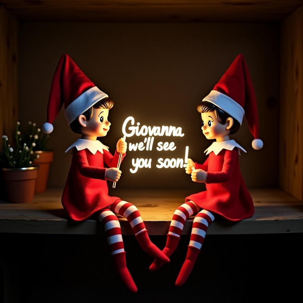 This image features two adorable elves, a boy and girl, dressed in traditional red and white attire. They are sitting close together in a dark setting that allows their smiles and the glow stick to shine brightly. The glow stick in their hands creates a warm message that says, 'Giovanna, we'll see you soon!' which adds a personal touch to the festive scene. The background is softly lit, highlighting the joyful expressions on their faces. It's a charming representation of the Christmas spirit, perfect for evoking a sense of magic during the holiday season.