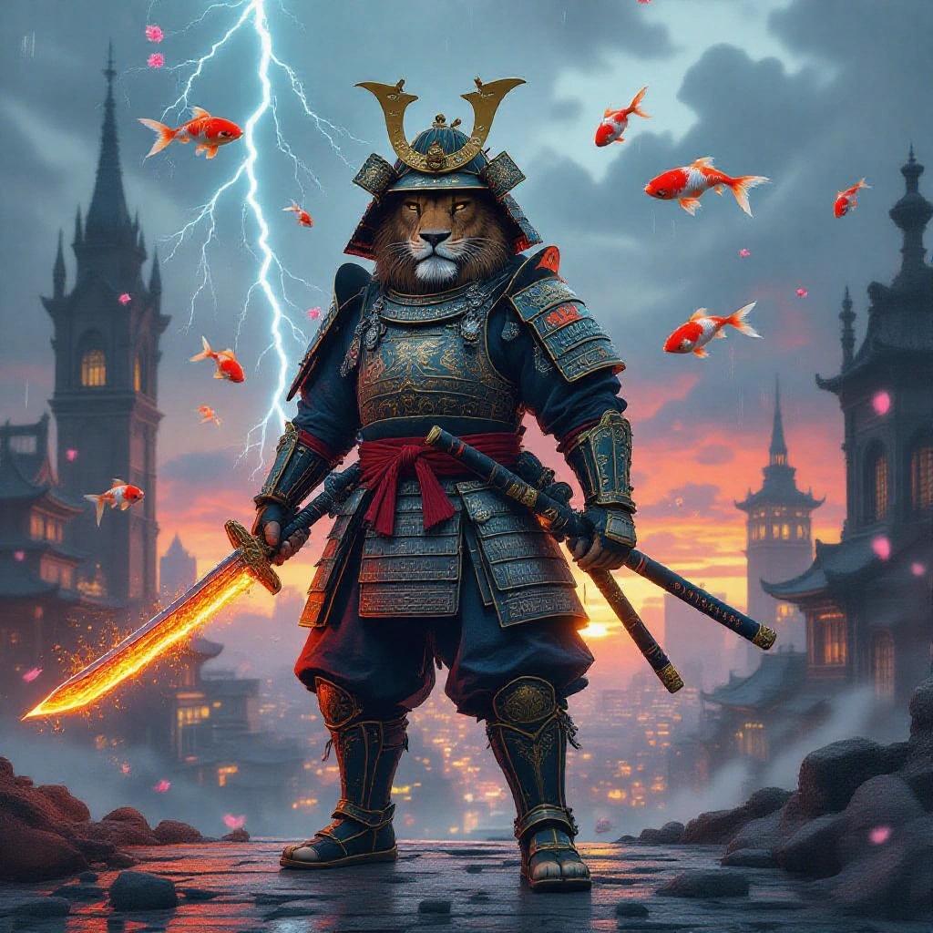 An anthropomorphic lion samurai stands in a cyberpunk city at dawn. Lion wears European plate armor with neon engravings. Wields a molten lava sword and holds a parchment scroll. Stands on a crumbling gothic cathedral with floating glass koi fish. Bright lightning glows in the background. Cherry blossoms blow in the wind and rain falls upward. Motion blur adds dynamic effect.