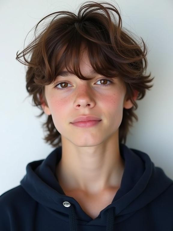A 15-year-old boy with long brown hair styled in a trendy, messy look. He wears a dark hoodie against a light background that highlights his sharp facial features. His eyes gaze directly at the viewer with a subtle smile.