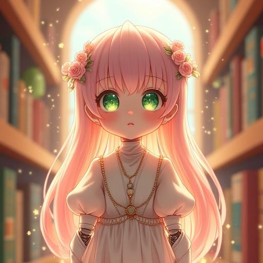 An adorable android girl stands in a fantastical library. She has a youthful face, bright skin, and large emerald green eyes. Her hair is long and pastel colored, gently swaying. She wears a robe made of light material with cute decorations. Surrounding her are pastel-colored bookshelves filled with glowing books. Rainbow light shines through windows and magical particles float in the air.