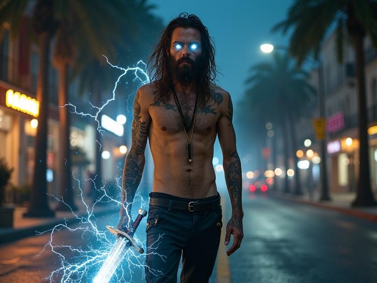 Realistic detail crusty slender skinny rough young looking hippie male with white glowing lightning electricity from eyes long beard and hair tattoos no shirt wearing black leather pants holding sword in right hand, sparks smoke and hair blowing, downtown city at night with rash on the ground, stores, black streets with yellow lines,tall palm trees, sidewalk power lines poles shadows textures