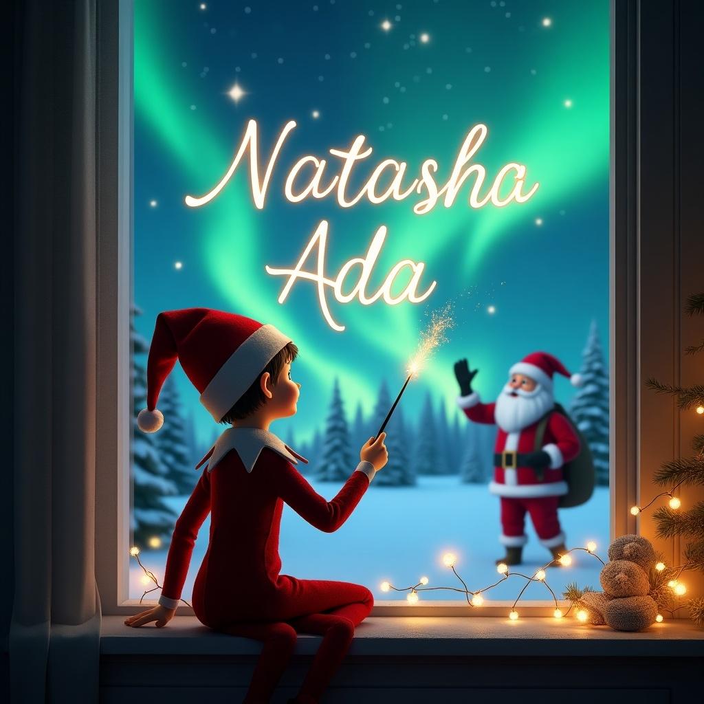 Elf on the shelf faces the sky. Using a wand to write in the sky. Magical Christmas background. Northern lights. Santa nearby. Names Natasha and Ada written in the air.