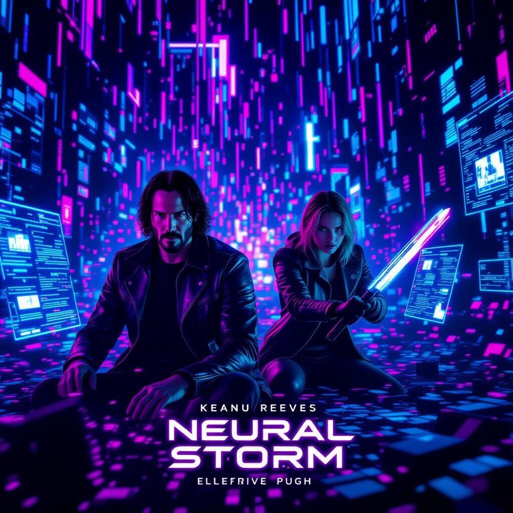 Hackers trapped inside a collapsing digital consciousness. Keanu Reeves and Florence Pugh amidst swirling neon purple and blue cyber-architecture. One wields a glowing data-blade while the other sits surrounded by flickering holographic interfaces. Dark violet lighting illuminates the scene in a futuristic cyberspace setting. Crisp 8K resolution with rich neon details.