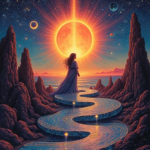 A vibrant artwork featuring a winding spiral path with glowing light. An eclipsed sun is positioned high in the background. A silhouette of a female figure stands at the center. Beautiful cosmic elements include souls transforming into stars and stones with symbols. The scene is illuminated with glowing subterranean lights.