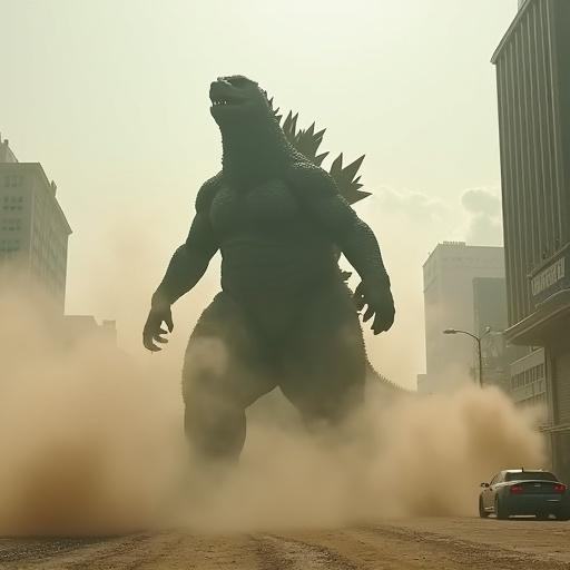 Cinematic image shows Godzilla breaching through thick smoke and dust walking towards the camera. Scene set in a city under bright sunlight. Indication of realism with textures and physics details.