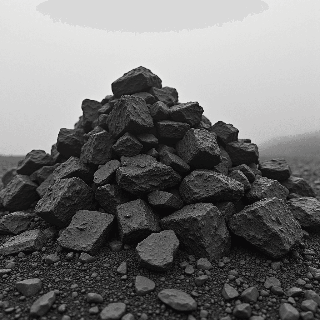 A pile of dark stones set against a misty, gray landscape.