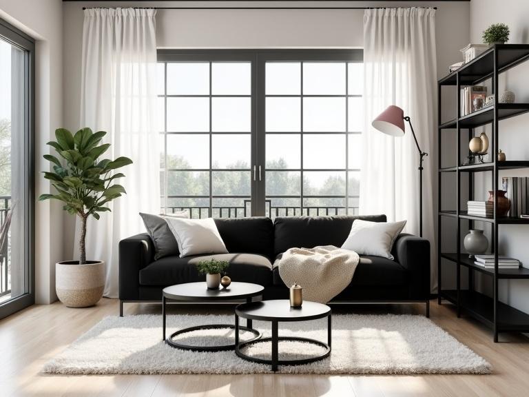 Photograph depicts a modern living room filled with natural light. Room features large floor-to-ceiling windows. Black sofa adorned with white and gray pillows. Beige throw blanket casually draped. Two round black coffee tables positioned with a gold vase and plant. A black metal bookshelf showcases various books. A tall floor lamp has a pink shade. Light wooden floor complements the decor. White curtains soften the look. An outdoor balcony is visible through the windows with chairs and a table. Potted plant adds greenery. White fluffy rug lies beneath the coffee tables. The atmosphere is bright and airy. Image has no people and conveys a casual and cozy vibe.