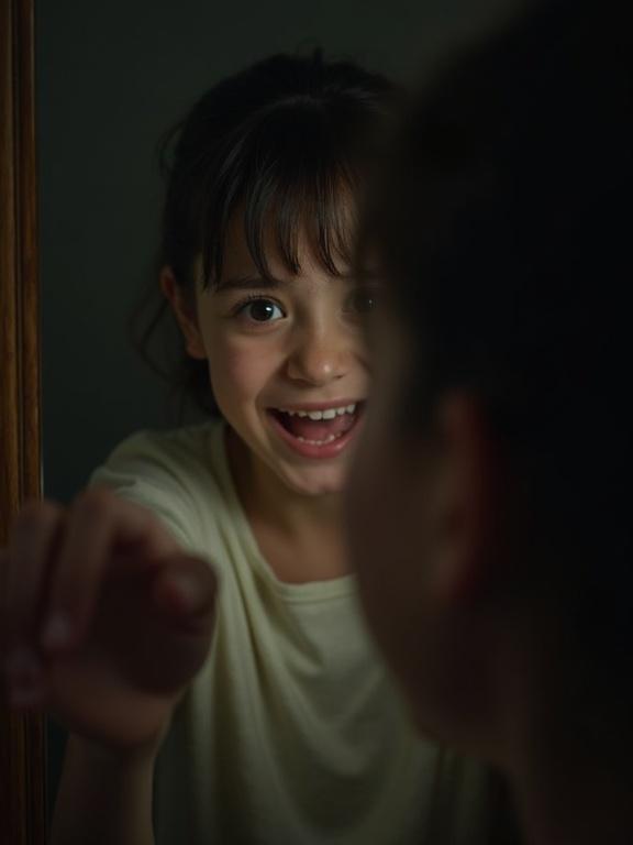 Close-up of a girl with wide eyes. Hand reaching for a light switch. Light goes off. Darkness surrounds. Mirror reflects a smiling face.