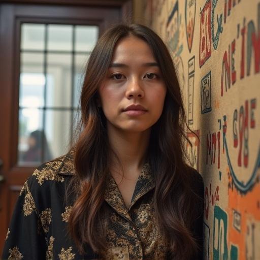 A young woman with long hair stands against a colorful wall. She looks directly at the camera, with a neutral expression. The setting is indoors with a softly lit atmosphere.