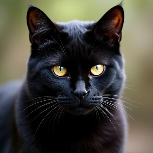 A close-up portrait of a muscular black cat with golden eyes and soft features.