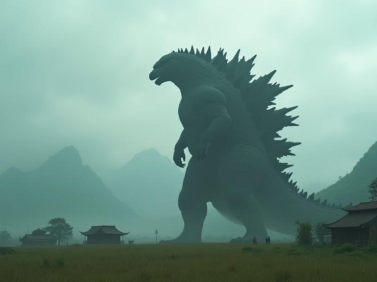 A towering 300 ft tall silhouette of Godzilla dominates a foggy grassy landscape. Dark grey colossal figure with sharp dorsal plates. Small village and human figures appear minimal in scale. Mountains loom in the background, creating a dramatic scene. Atmospheric setting features cloudy and mystical vibes.