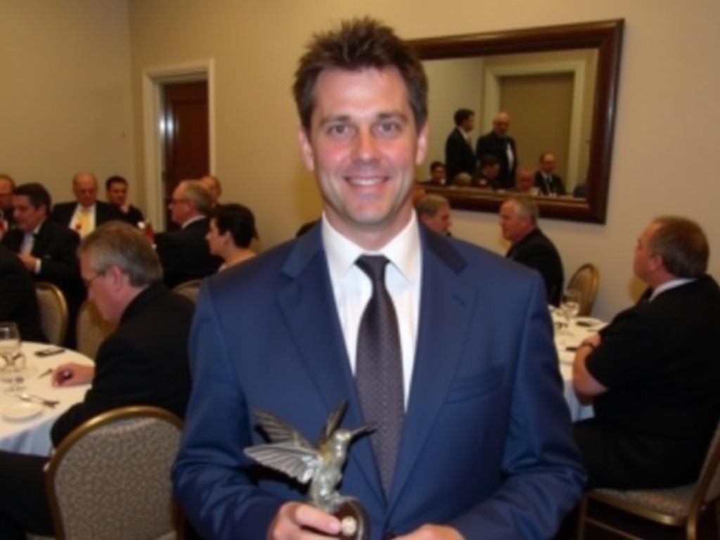 The image shows a man holding a trophy in a formal setting. He is dressed in a blue suit with a white shirt and a dark tie. The trophy he holds appears to feature a bird, possibly a hummingbird, with its wings spread. In the background, there are people seated at tables, indicating that the setting is likely for a celebration or award ceremony. The decor includes soft lighting and a mirror on one wall, enhancing the elegant atmosphere of the event.