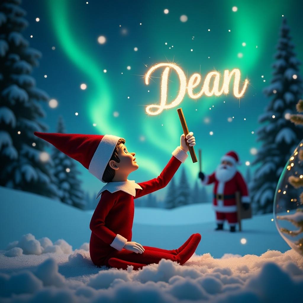 Enchanting Christmas scene with elf on the shelf. Elf sits with back to us. Elf gazes upwards while using wand. Elf writes 'Dean' in night sky. Background has northern lights and Santa Claus. Snow covers ground in serene winter wonderland. Moment captures holiday joy.