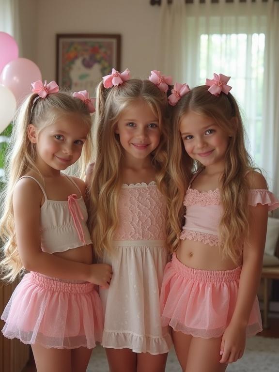 Three girls at a birthday party wearing pink outfits and bows. They have blonde hair and are smiling in a cozy living room.