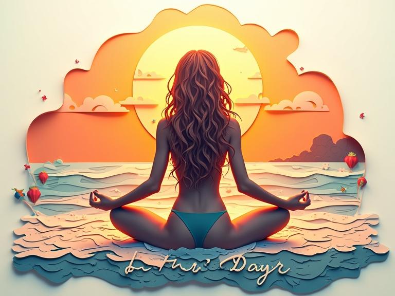 Elegant script text of Happy Father's Day. Layered paper cut-style digital artwork of a woman with long wavy hair sunbathing on the beach in a meditative pose. Intricate cutout designs create a captivating silhouette. High contrast visuals with complementary colors.