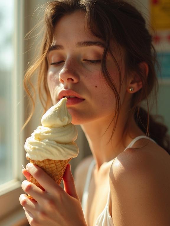 A girl with freckles enjoys melting ice cream. Soft sunlight creates a dreamy atmosphere. The cone drips ice cream. She has closed eyes and a relaxed expression. Her hand shows ice cream drops.