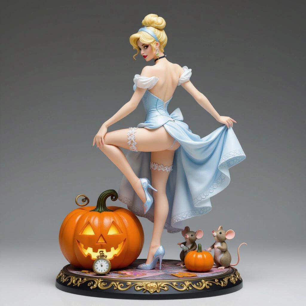 An ultra-detailed resin figure inspired by Cinderella. A sensual and elegant blonde woman stands with one leg raised on a pumpkin. She arranges a garter belt on her leg. Her expression conveys confidence. The base includes a pumpkin, a pocket watch, and two dressed mice. Strikingly visual from every angle.