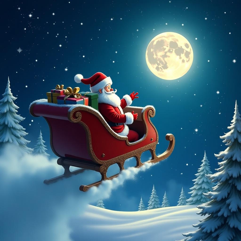 Santa Claus drives his sleigh into the night sky. A full moon shines above. He leaves a cloud of snow. Colorful presents fill the sleigh. Pine trees surround the scene. The atmosphere is magical and festive.