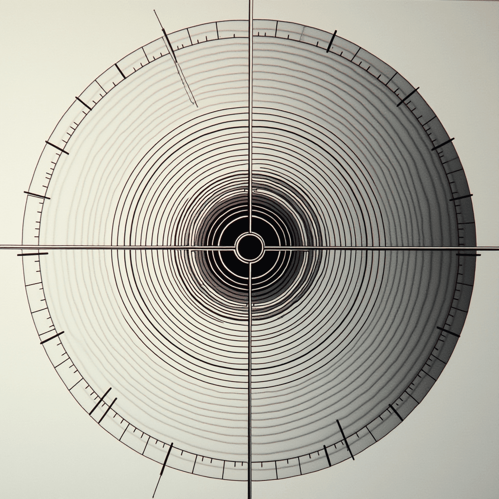 The image showcases a symmetrical, circular design reminiscent of a radar or a crosshair. At the center, there is a small, solid black circle surrounded by concentric rings that gradually increase in size, resembling ripples on water. Four lines extend from the circle, forming a cross that divides the entire structure into four quadrants. Each quadrant is marked with small, precisely arranged lines or dashes that evoke the appearance of measurements or scales. The overall aesthetic is minimalistic, with a monochromatic palette emphasizing the geometric precision and symmetry of the design.